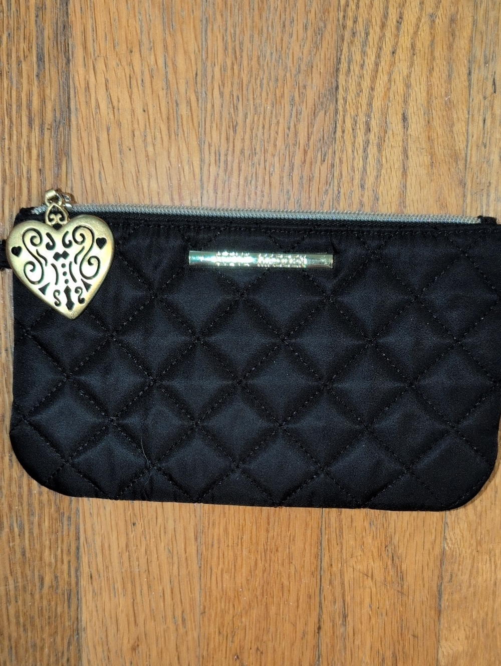 Steve Madden Black Quilted Cosmetic Pouch with Gold Heart Charm